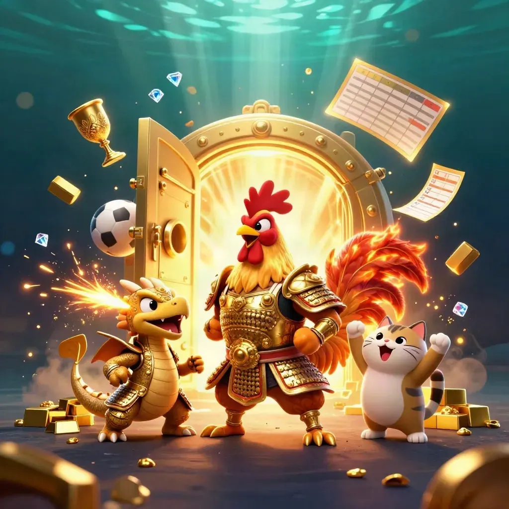 Ayam samurai emas, naga kecil, dan kucing keberuntungan di depan brankas emas kasino.