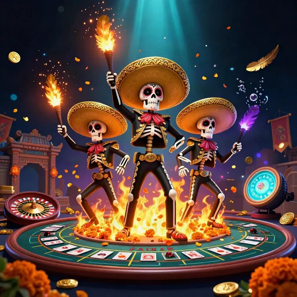 Tiga skeleton mariachi, roda roulette, meja kartu, kuil, dan kilau emas di latar gelap.