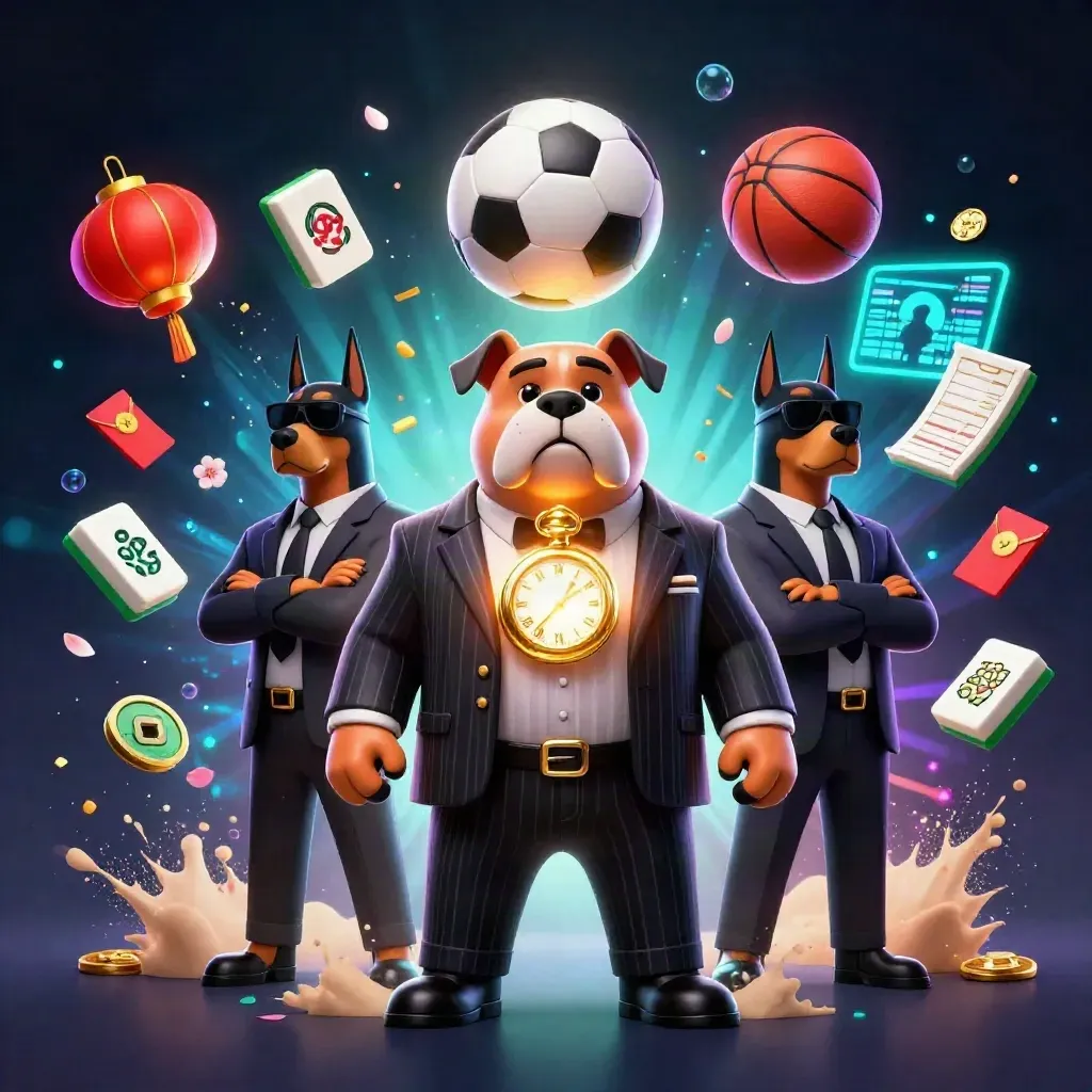 Bulldog mafia dan dua doberman, bola dan efek emas meledak di latar biru gelap mewah.
