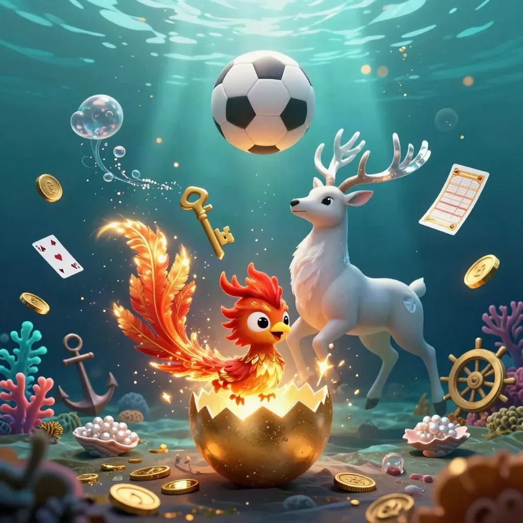 Phoenix, rusa kristal, bola basket dan bola sepak melayang di bawah laut emas mewah.