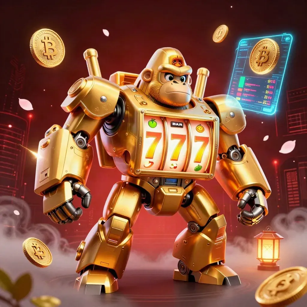 Gorila mech emas dengan pilot monyet, koin kripto, kilat neon, dan latar kota gelap.