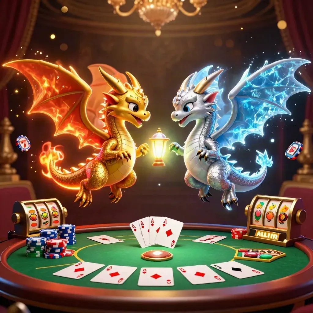 Dua naga emas-perak terjalin di atas meja poker, dikelilingi chip, kartu, dan kilau emas.