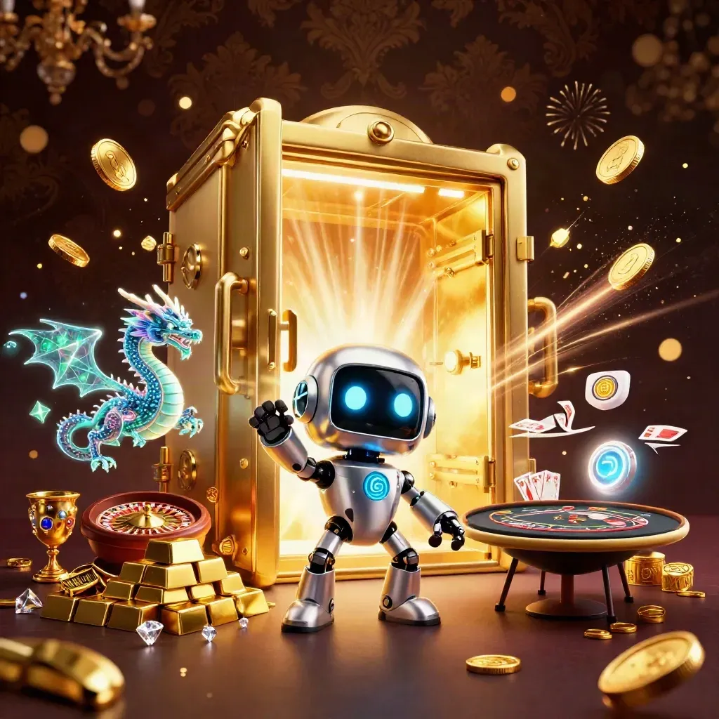 Robot cyberpunk, naga holografik, dan drone di depan vault emas meledak oleh koin dan cahaya mewah.